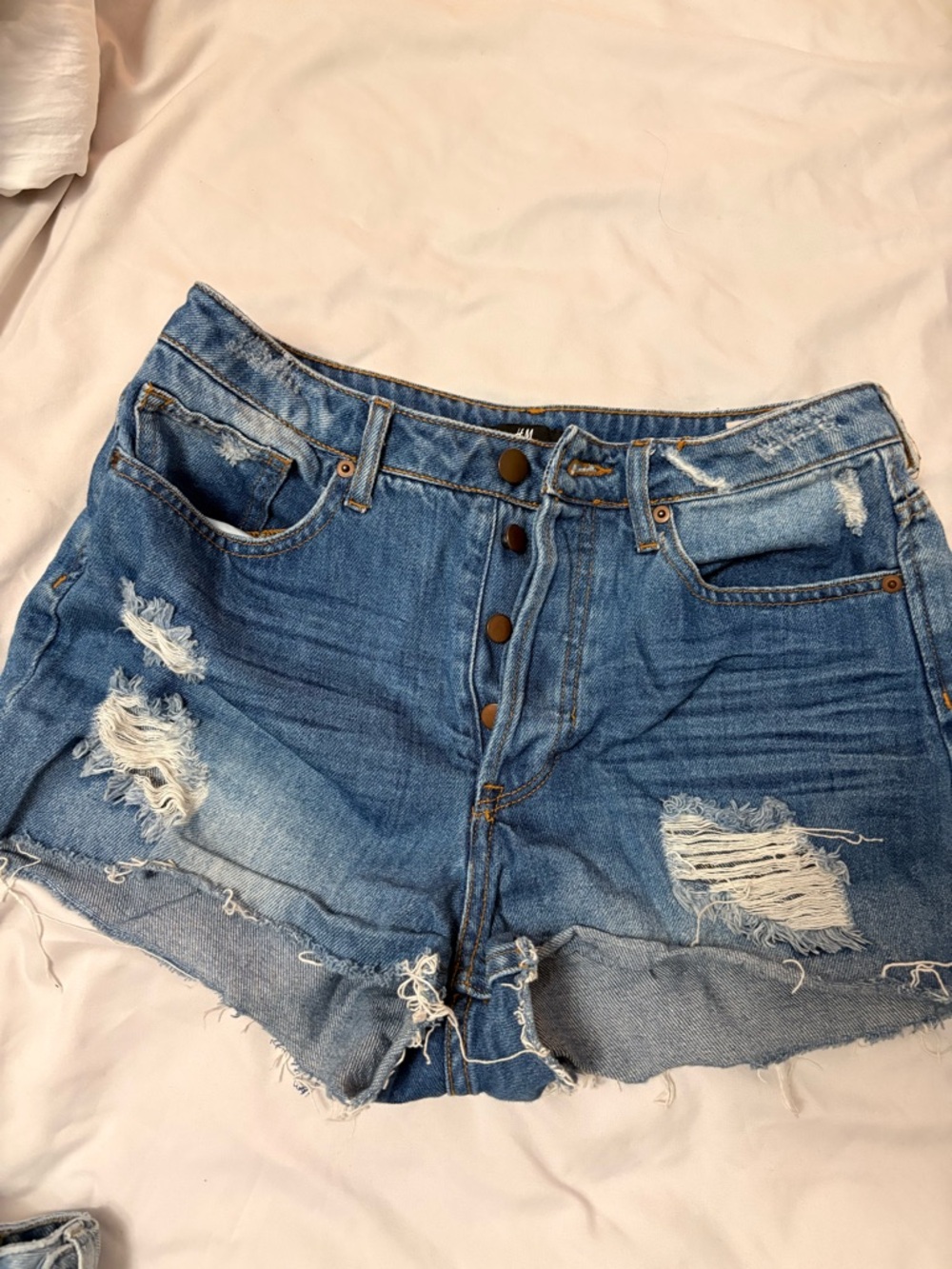 H&M Distressed Button-Front Denim Shorts - Blue